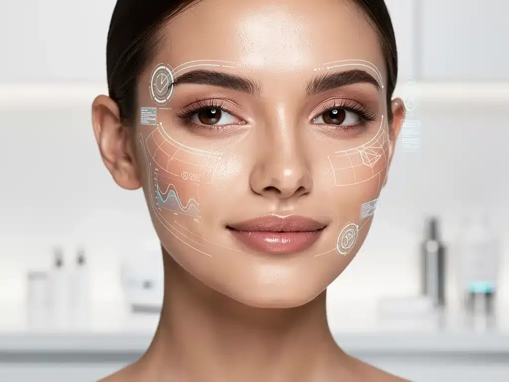 Woman with glowing skin, digital overlay for AI personalized skincare analysis