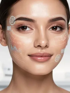 Woman with glowing skin, digital overlay for AI personalized skincare analysis