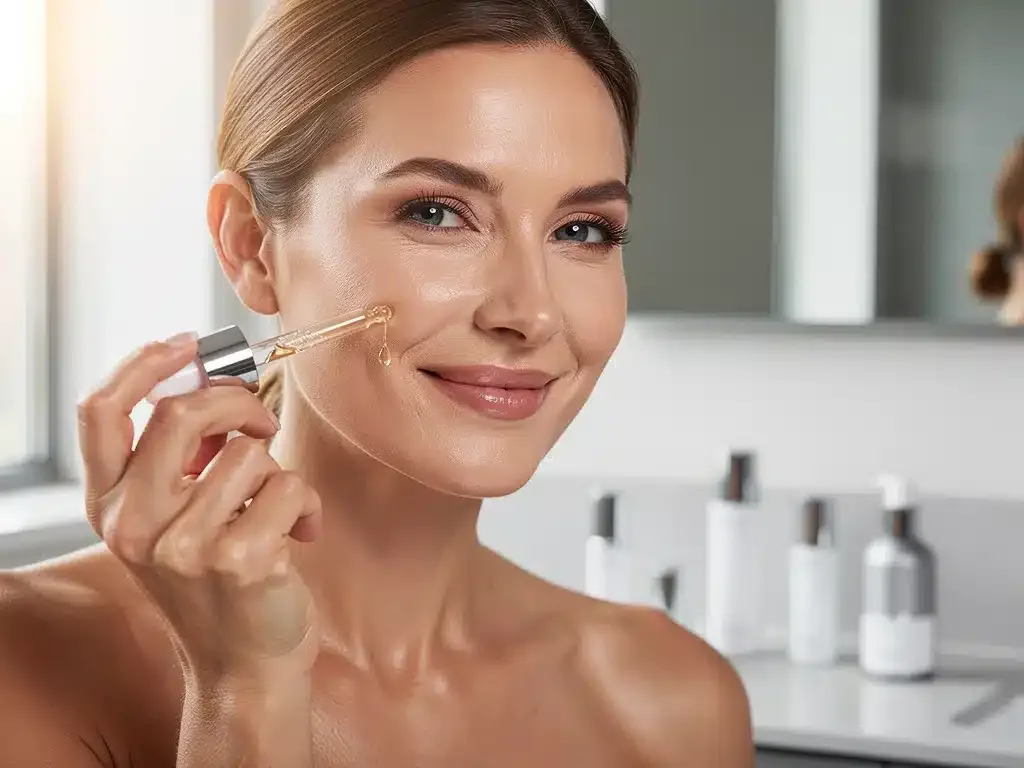 Woman applying advanced anti-aging serum, symbolizing updated skincare routine for 2026