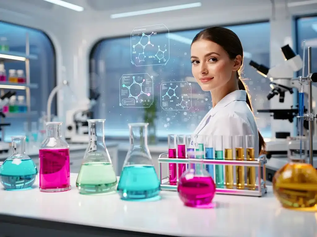 Futuristic lab with glowing skincare ingredients, symbolizing the 2026 skincare ingredient forecast for radiant skin.
