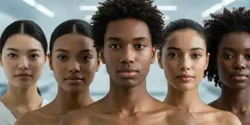 Diverse young adults with clear, radiant skin in a futuristic lab setting, symbolizing advanced acne skincare solutions.