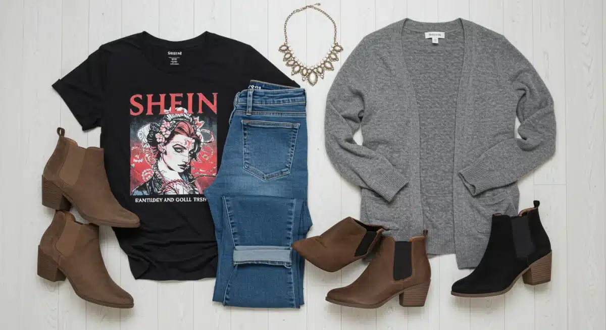 Shein clothing items and accessories arranged for multiple outfits