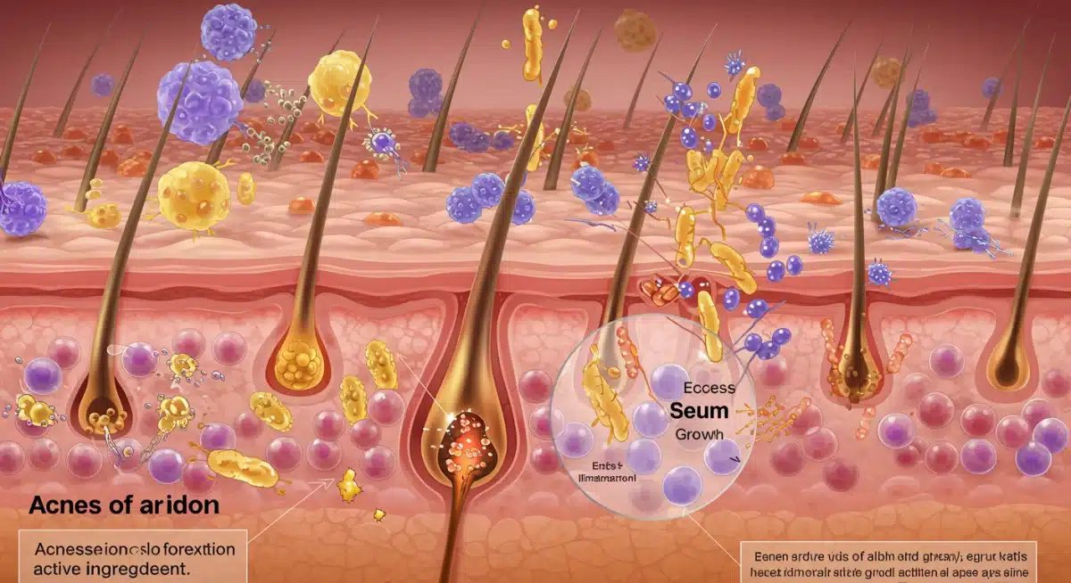 Magnified illustration of skin cells and active ingredients targeting acne mechanisms.