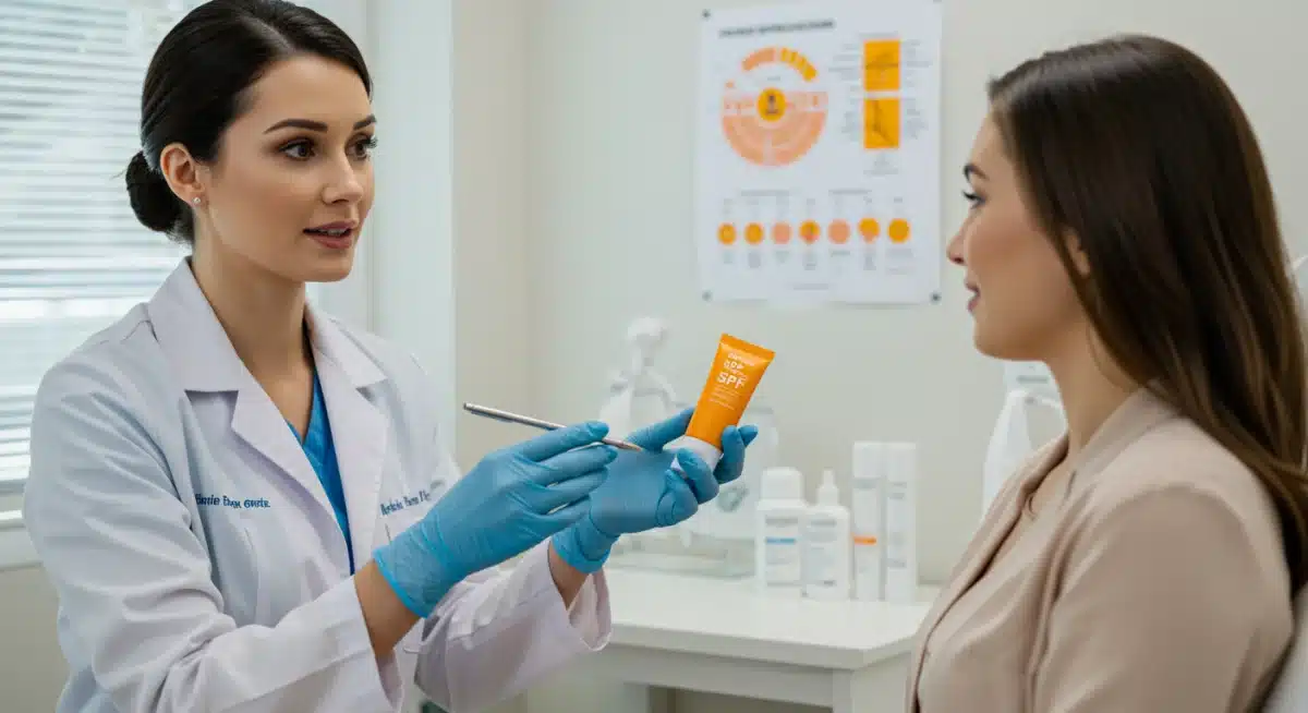 Dermatologist discussing broad-spectrum SPF importance with a patient, highlighting expert advice on sun protection.