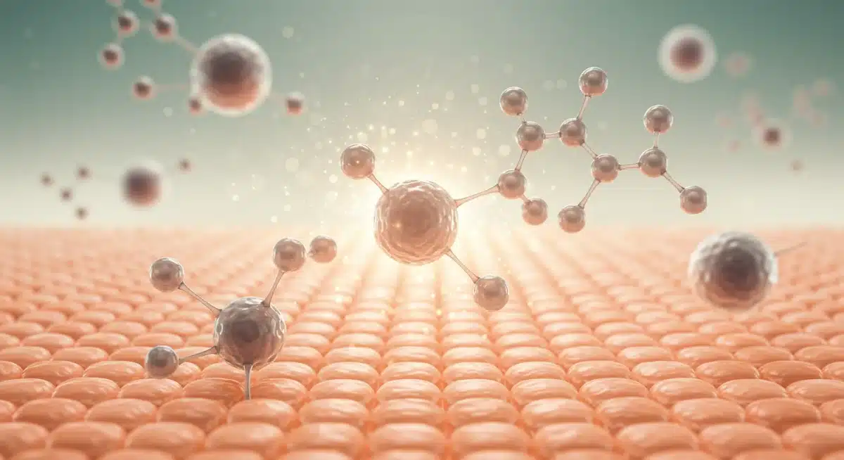 Radiant skin cells interacting with advanced skincare active ingredients