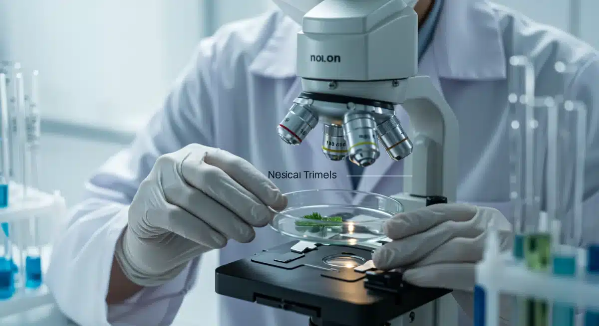 Scientist examining novel skincare active ingredient in US lab