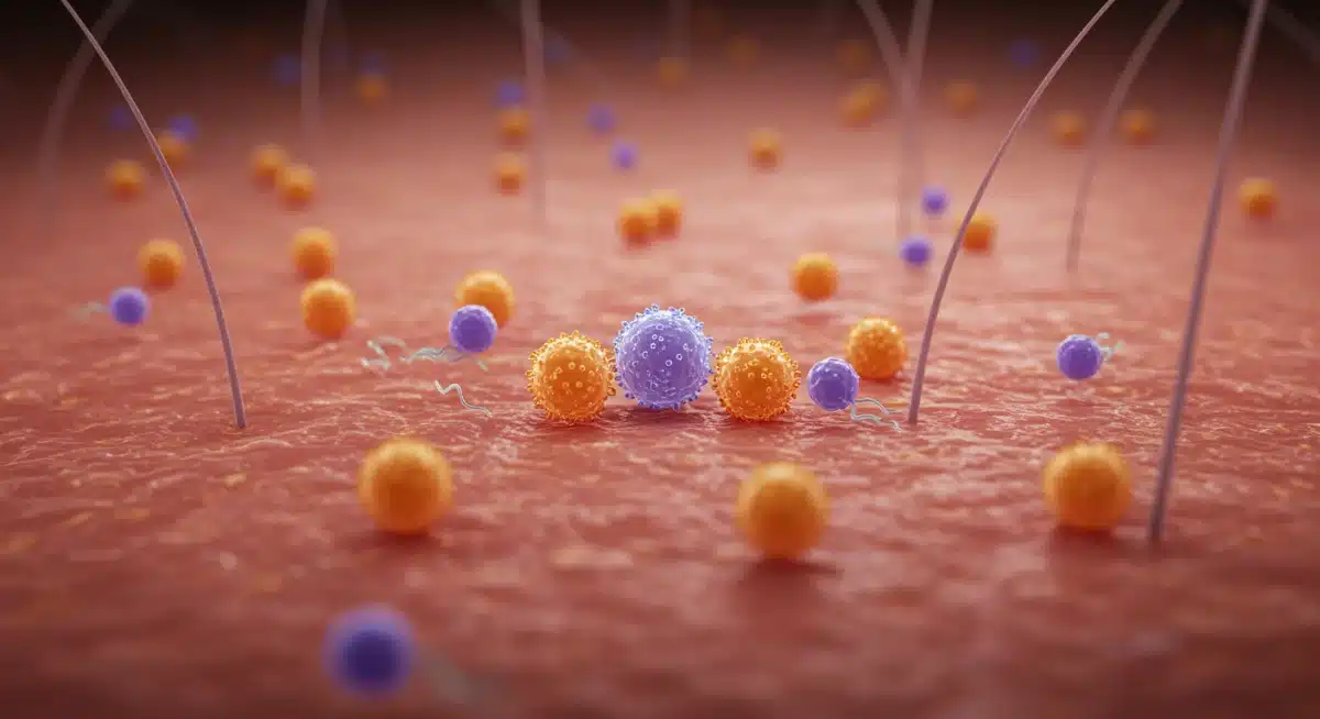 Microscopic view of a balanced skin microbiome, illustrating beneficial bacteria on healthy skin.