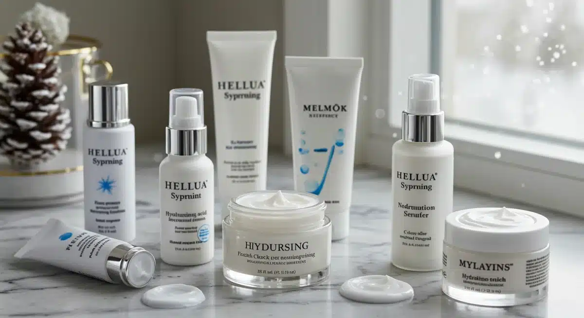 Hydrating serums and rich moisturizers for winter skin on a marble counter.