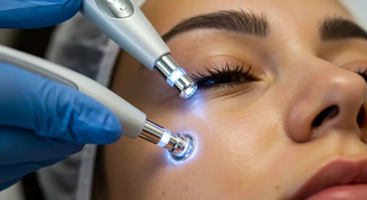 Close-up of microcurrent facial treatment for skin rejuvenation