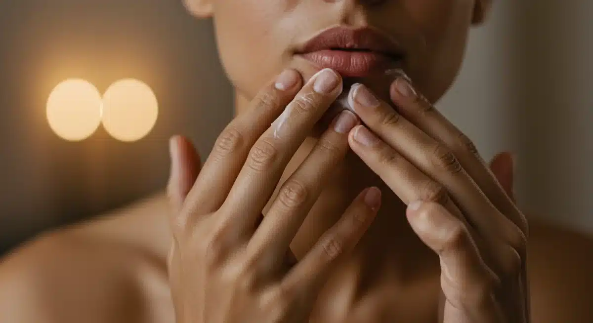 Hands massaging rich night cream into the face for winter skin protection.