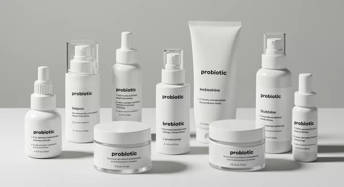 Assortment of microbiome-friendly skincare products, including probiotic and prebiotic formulations.