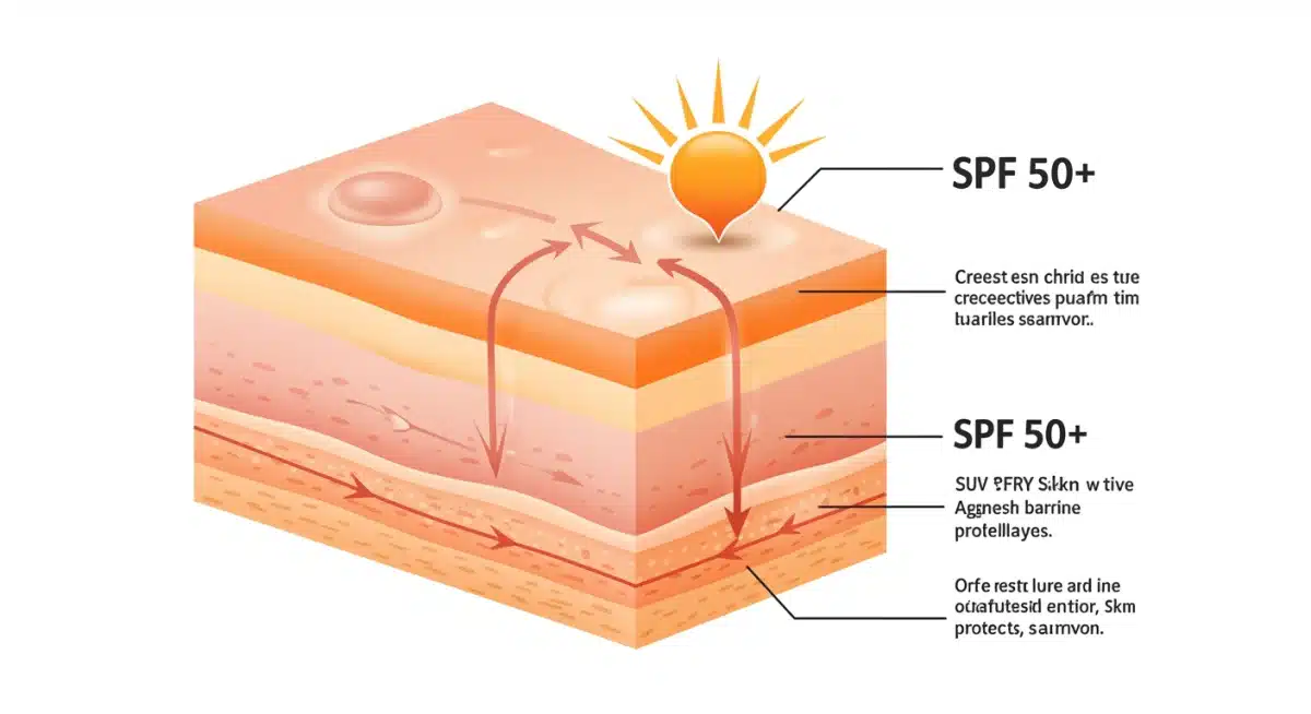 Diagram illustrating UV ray penetration and SPF 50+ protection