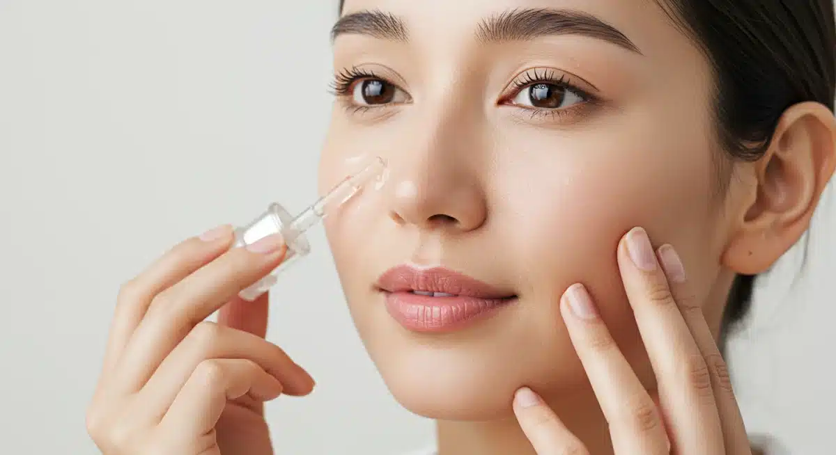 Woman gently applying anti-aging serum, focusing on skin health and product absorption