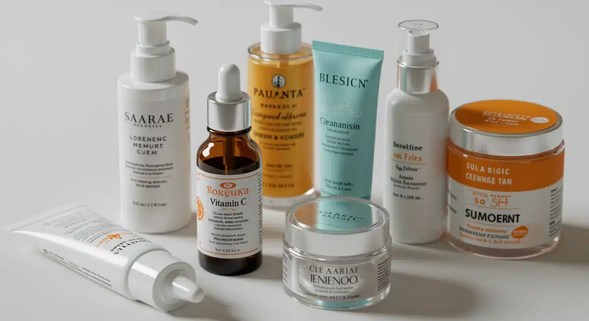 Skincare products for hyperpigmentation treatment, including serums and sunscreens