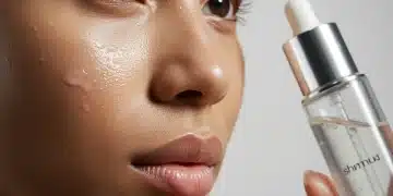 Woman with plump radiant skin, futuristic hydration serum bottle