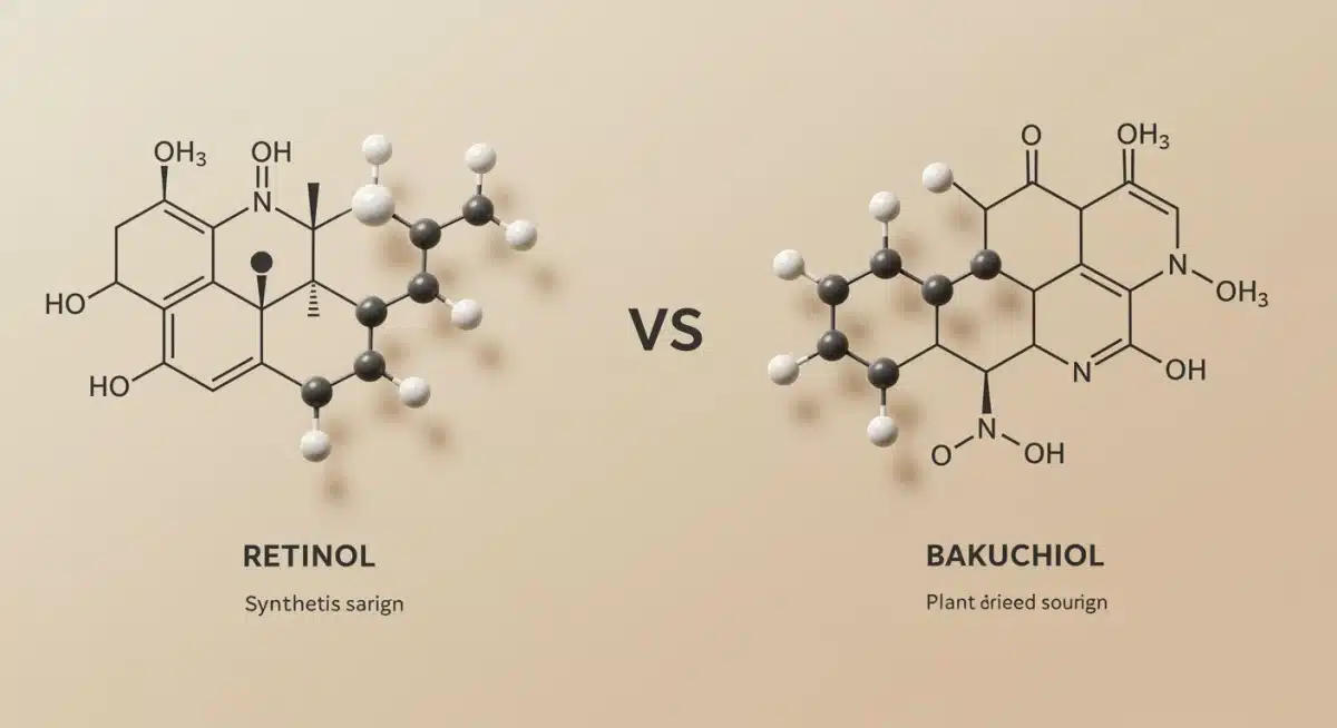 Molecular comparison of Retinol and Bakuchiol, highlighting their chemical differences and origins
