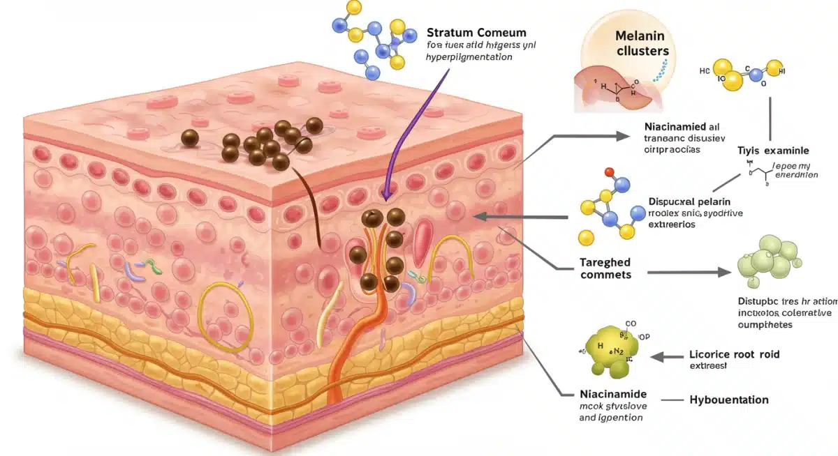 Diagram illustrating skin layers and melanin clusters in hyperpigmentation